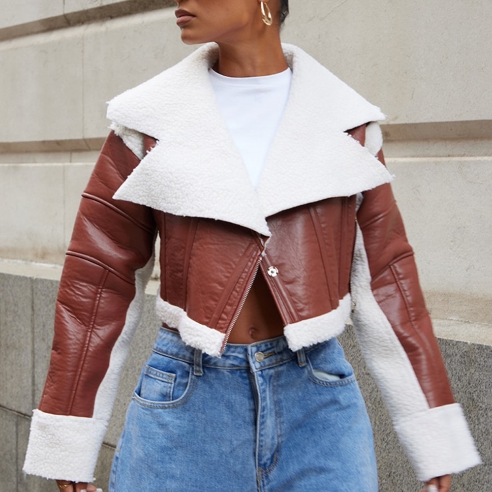 Tan Faux Leather Cropped Aviator Jacket